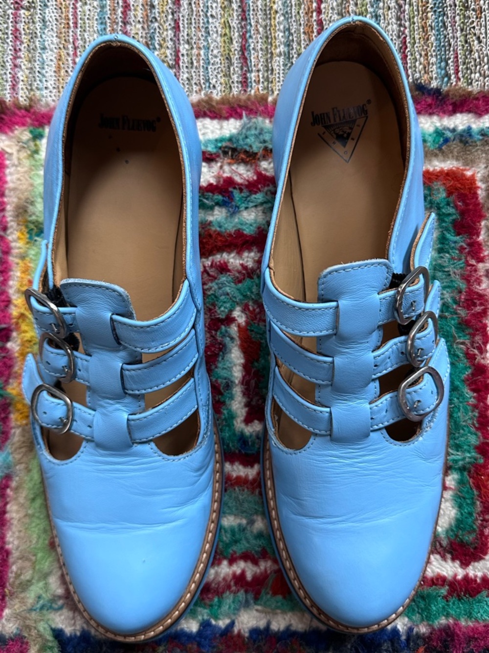 Fluevog EXCELLENT Biblio McPhee baby blue leather triple t-strap buckle shoe -12 - Picture 10 of 16